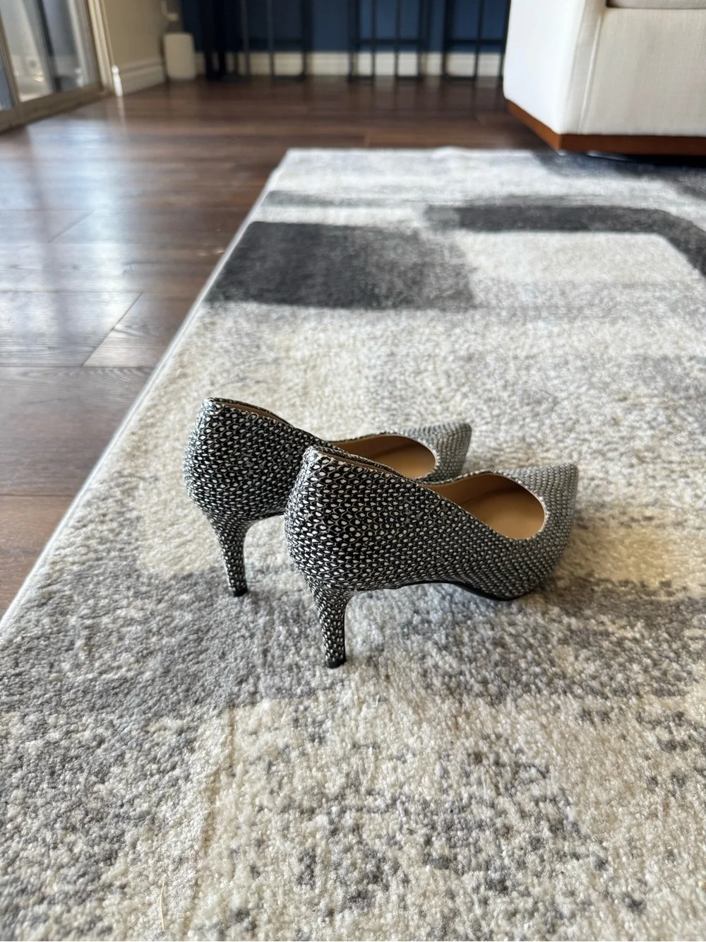 Textured Black and Silver Pointed Toe Kitten Heel Pumps